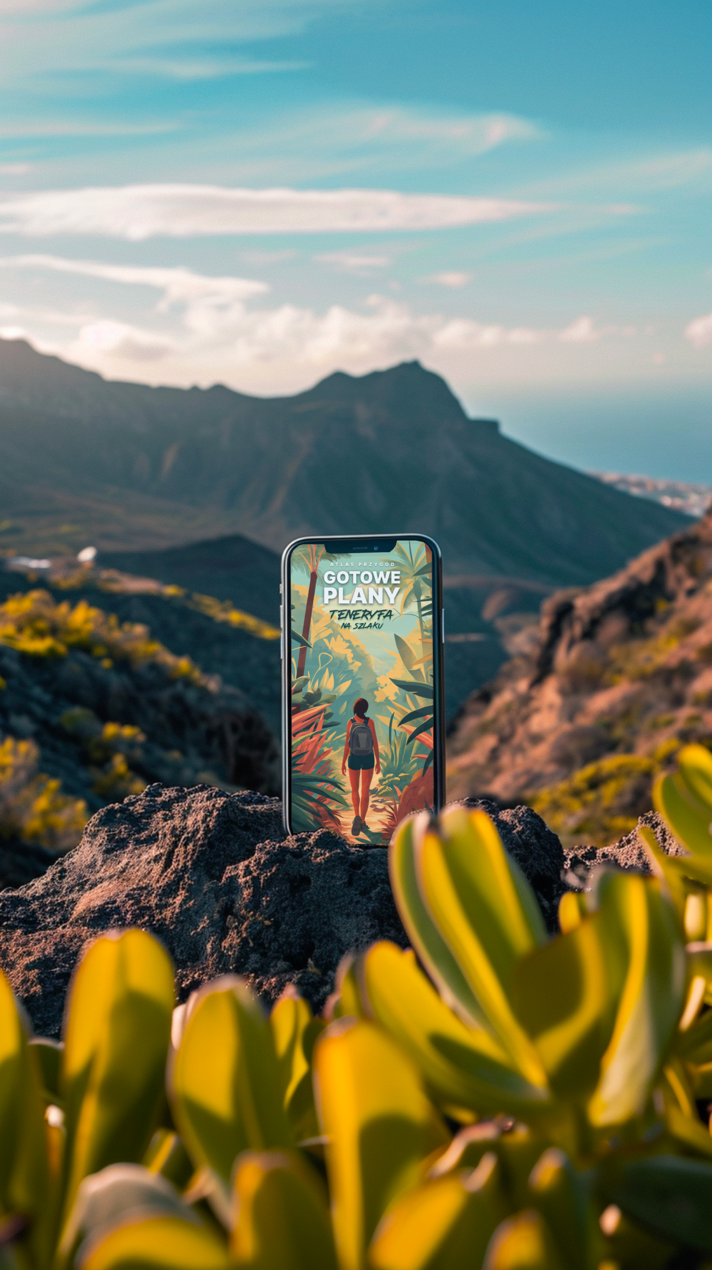 iPhone on volcanic rock, Tenerife mountains behind. The ebook cover glows on screen.